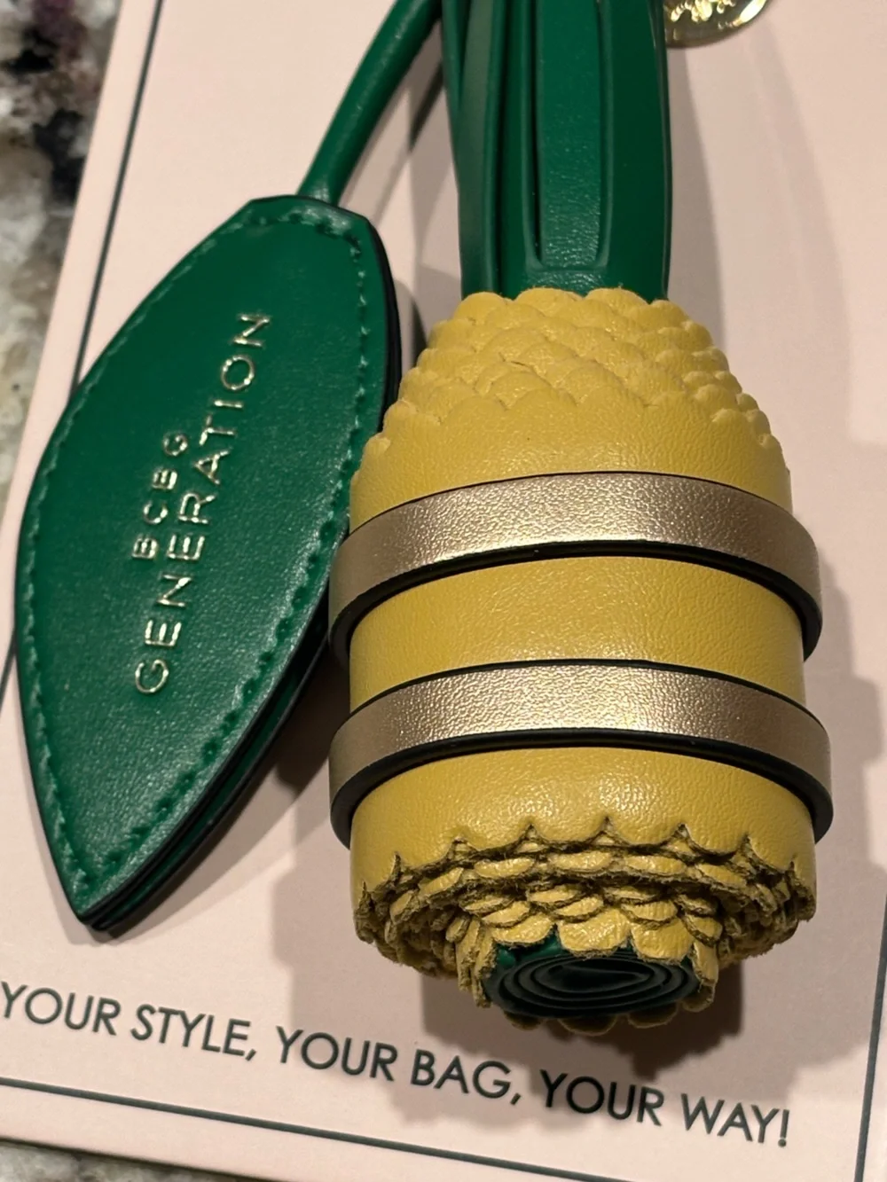 NWT BCBGeneration 3D Pineapple Bag Charm Yellow Green Faux Leather Keychain Gold